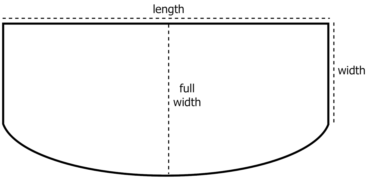 bow front aquarium top view showing length, width, and full width dimensions