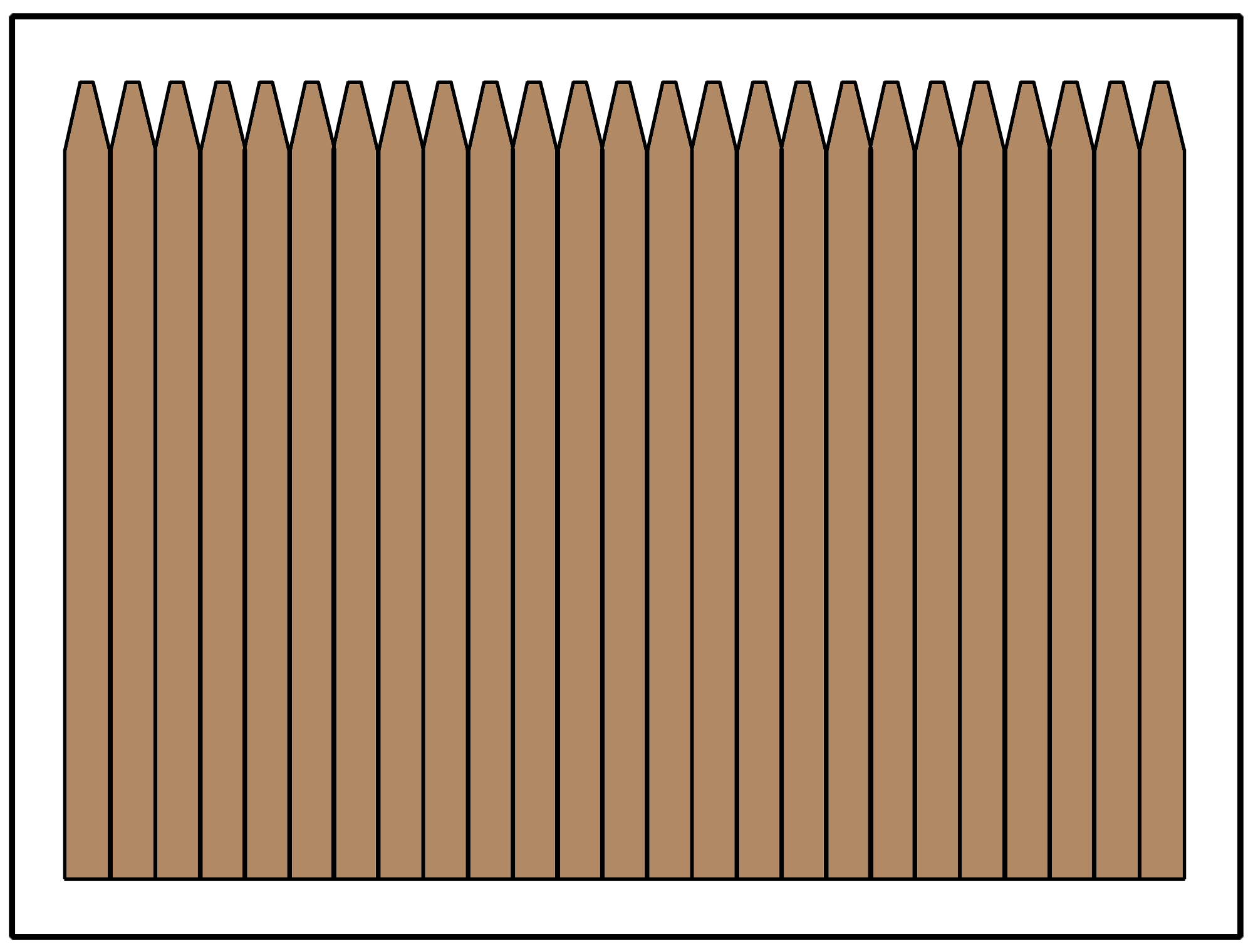 Illustration of a privacy fence using a thin picket, also referred to as a stockade style fence
