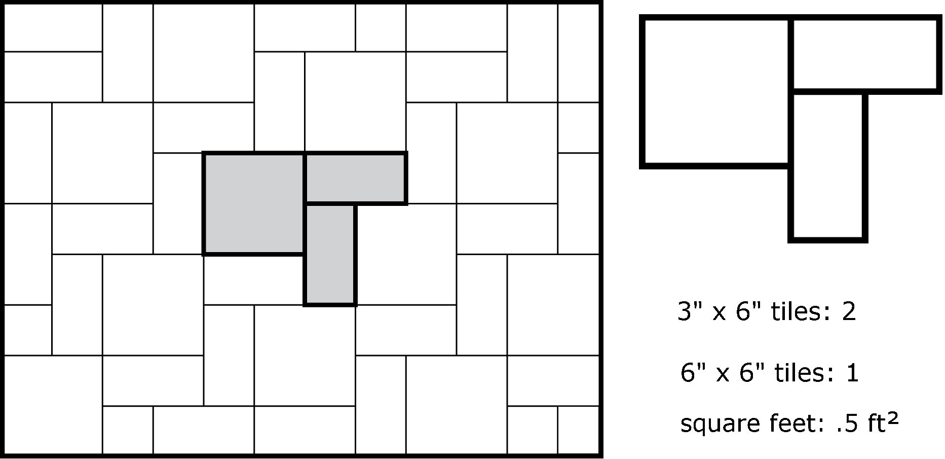 Illustration showing a pattern made up with two 3-inch by 6-inch tiles and one 6-inch by 6-inch tile