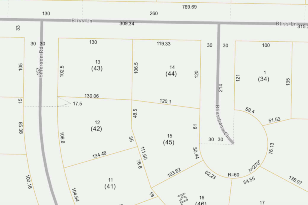 Plat drawing showing the property lines for a neighborhood